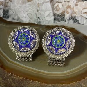 RARE FIND VINTAGE 1970'S CUFF LINKS BLUE FLORAL CONCHO MESH
